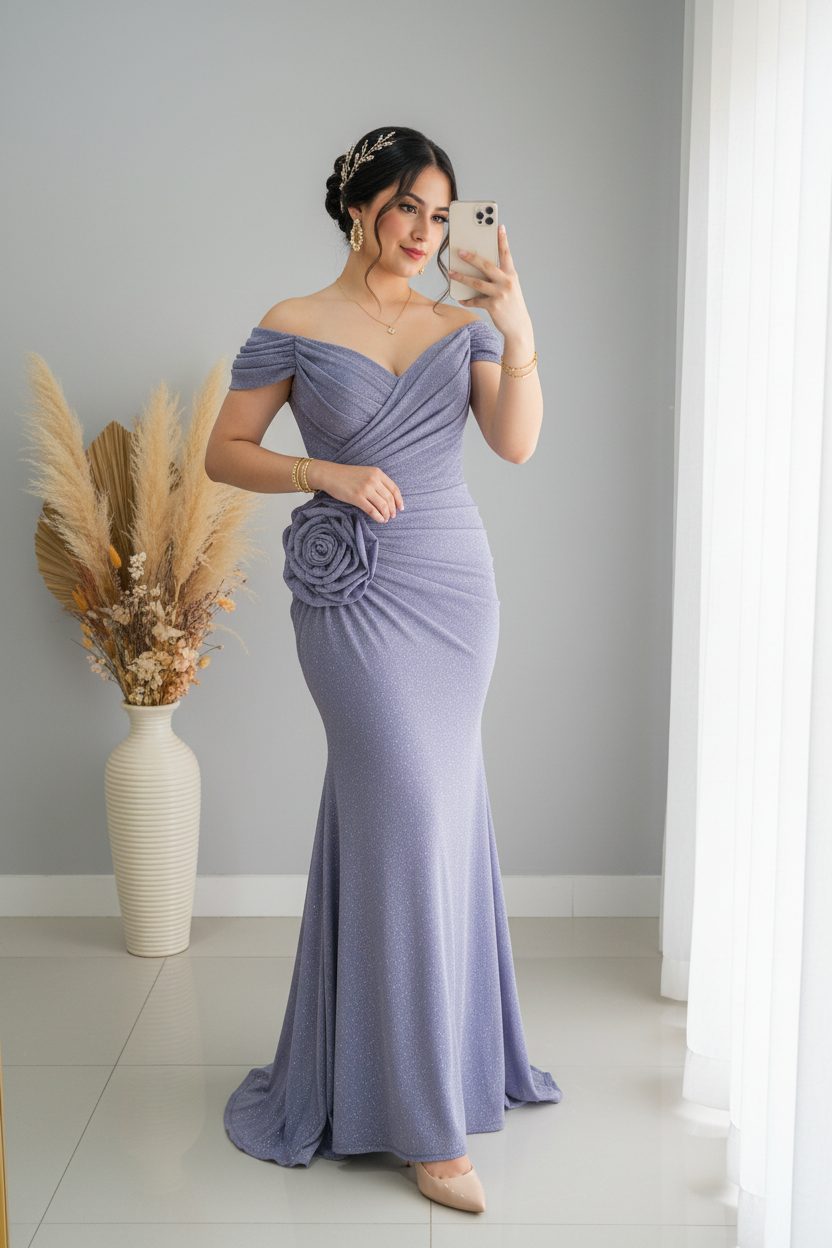 Vestido Lila Off-Shoulder Sirena con Rosa 3D y Brillos cod.V376
