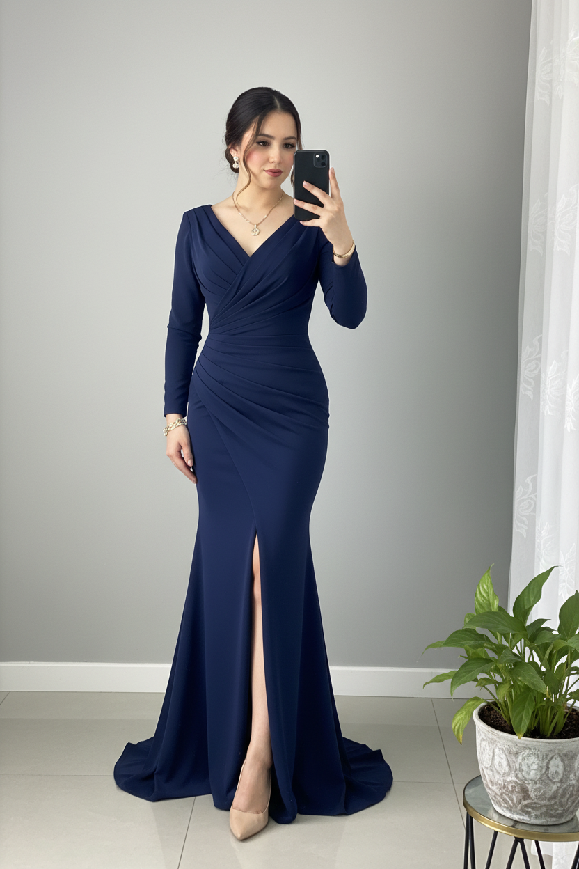 Vestido Sirena Azul Marino — Escote V Cruzado, Manga Larga & Abertura Frontal cod.889