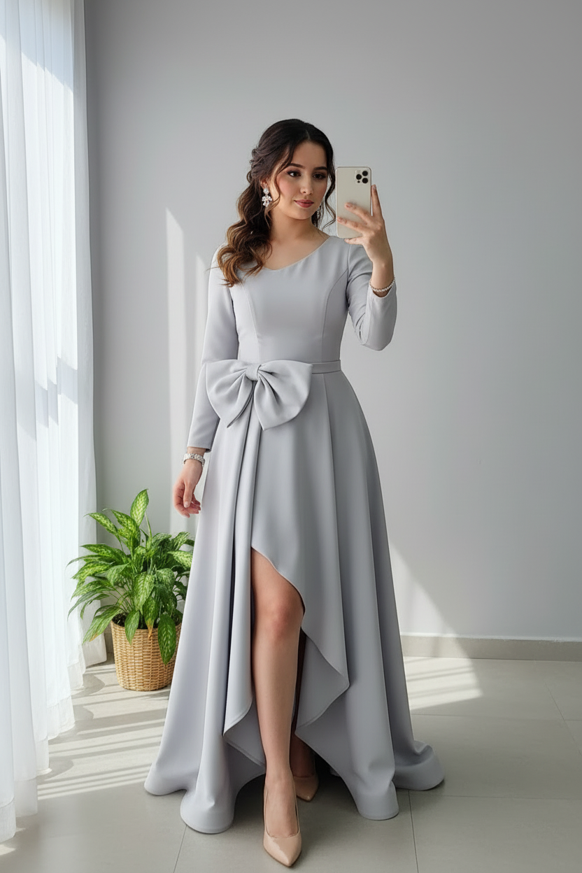 Vestido Gris Perla Mangas Largas con Moño y Falda Asimétrica cod.722