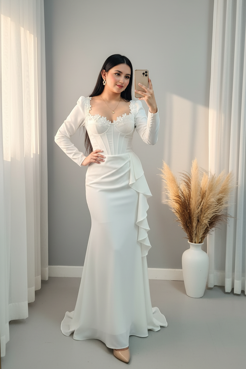 Vestido Blanco Sirena Corset Flores 3D cod.00171