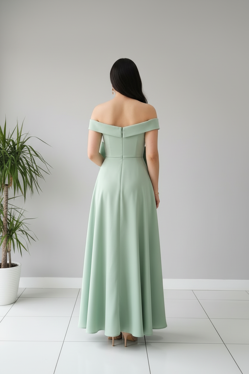 Vestido de Gala Verde Menta Off-Shoulder con Moño Gigante y Falda en Capas - Elegante Largo cod.363