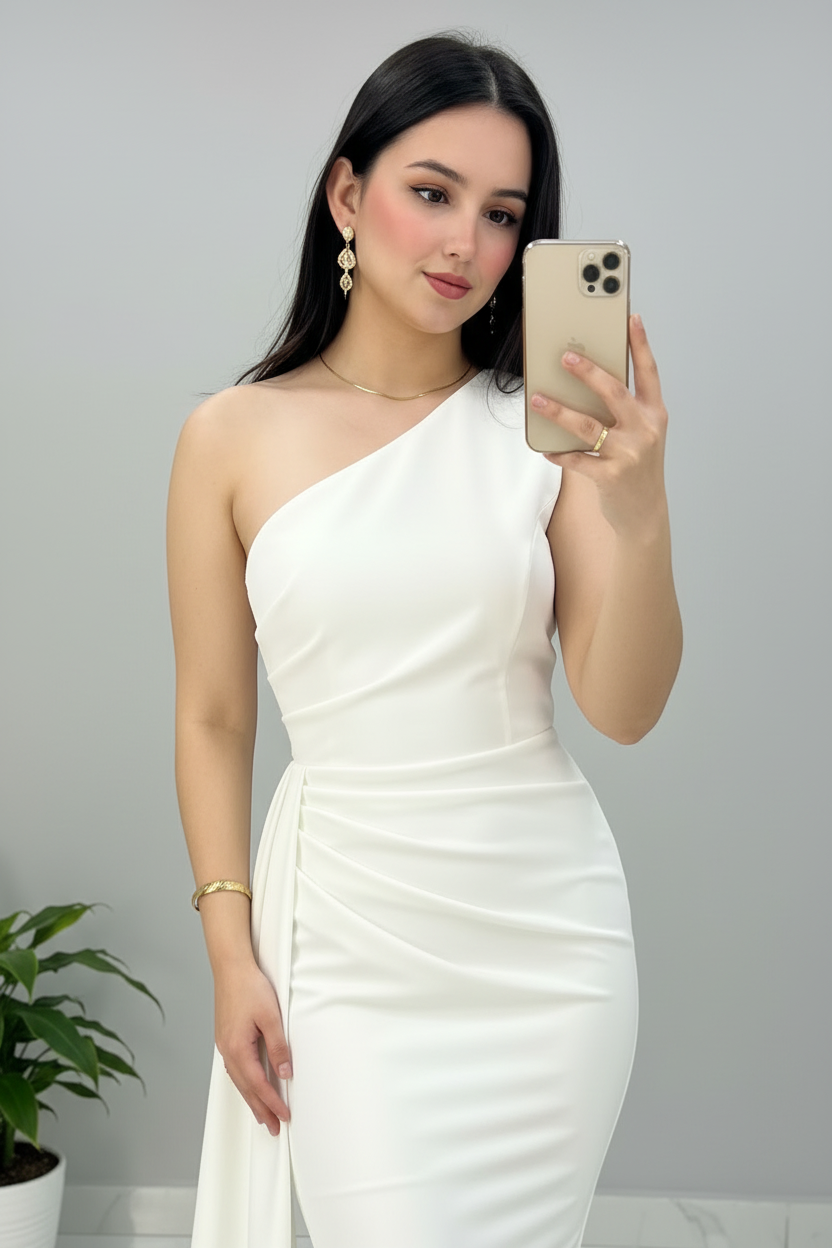 Vestido Blanco Largo Un Hombro con Drapeado Lateral y Cola de Chifón cod.491