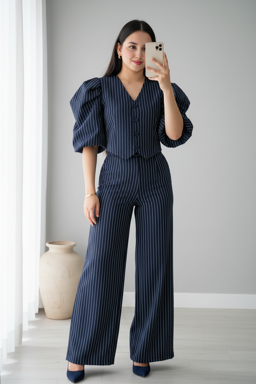 Conjunto azul marino rayas diplomáticas blusa manga globo pantalón wide leg C.1949