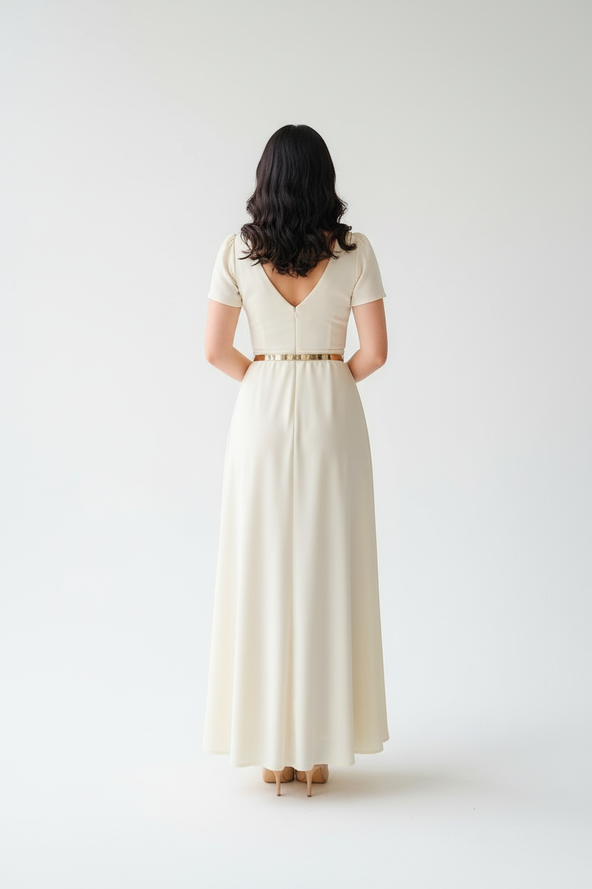 Vestido Elegante Blanco Marfil con Mangas Globo - Largo A-Line cod.350