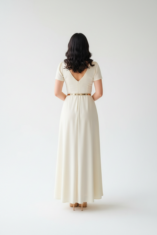 Vestido Elegante Blanco Marfil con Mangas Globo - Largo A-Line cod.350