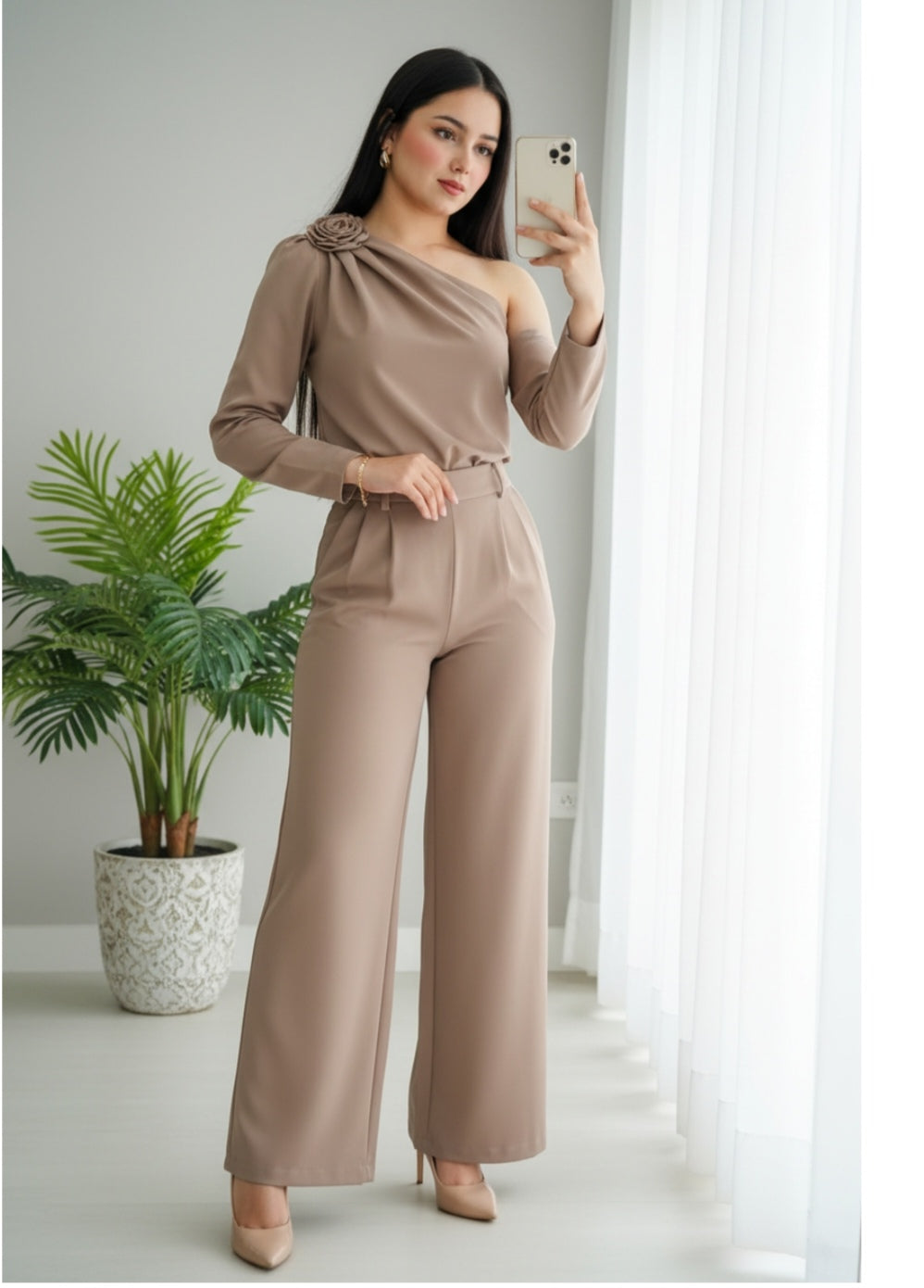 Conjunto Rosa Taupe — Top Hombro & Palazzo cod.0024