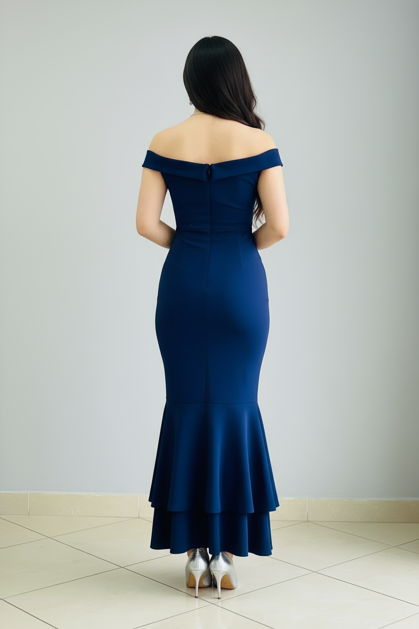 Vestido Azul Navy Off-Shoulder Sirena con Falda en 2 Capas cod.379