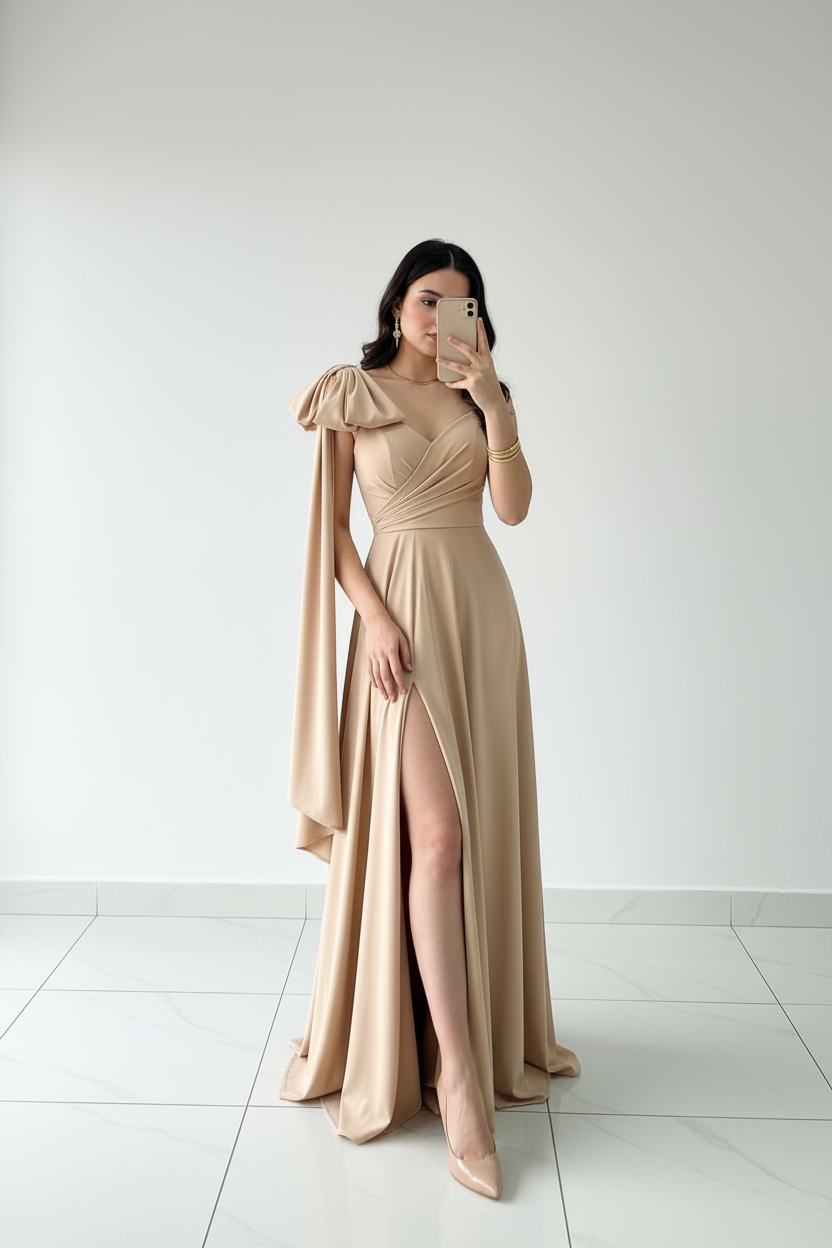 Vestido Champagne con Manga Globo y Capa Drapeada Larga cod.374