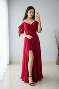 Vestido Rojo Vino Off-Shoulder V340
