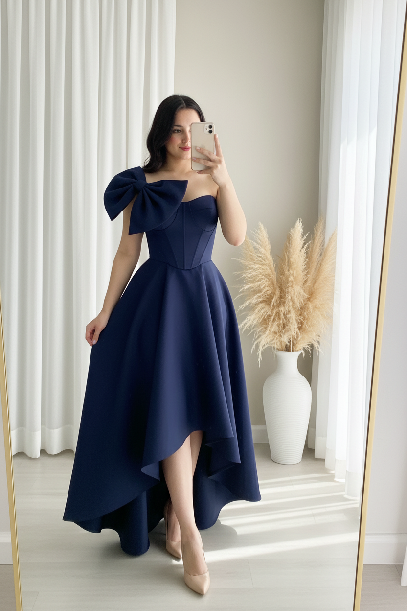 Vestido Azul Marino Satén Moño Corsé High-Low cod.001