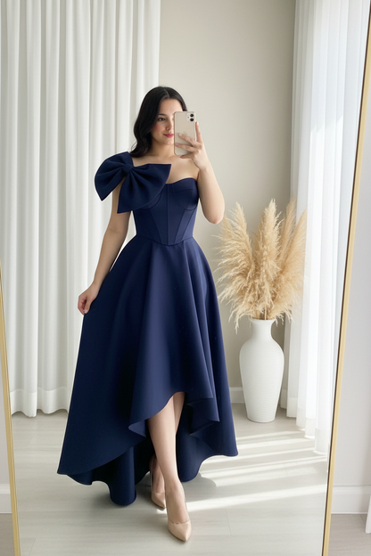 Vestido Azul Marino Satén Moño Corsé High-Low cod.001