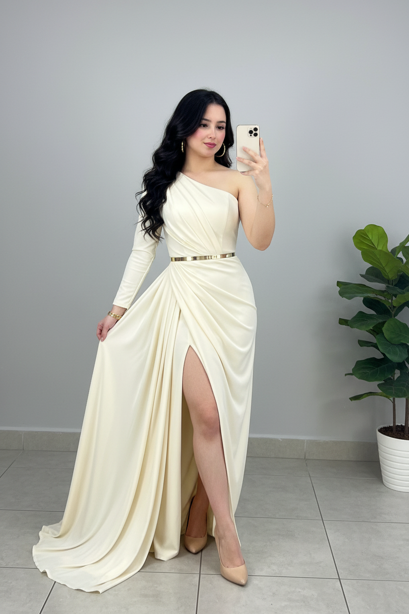 Vestido Marfil Largo Un Hombro Manga Larga con Cinturón Dorado, Abertura y Perlas cod.492