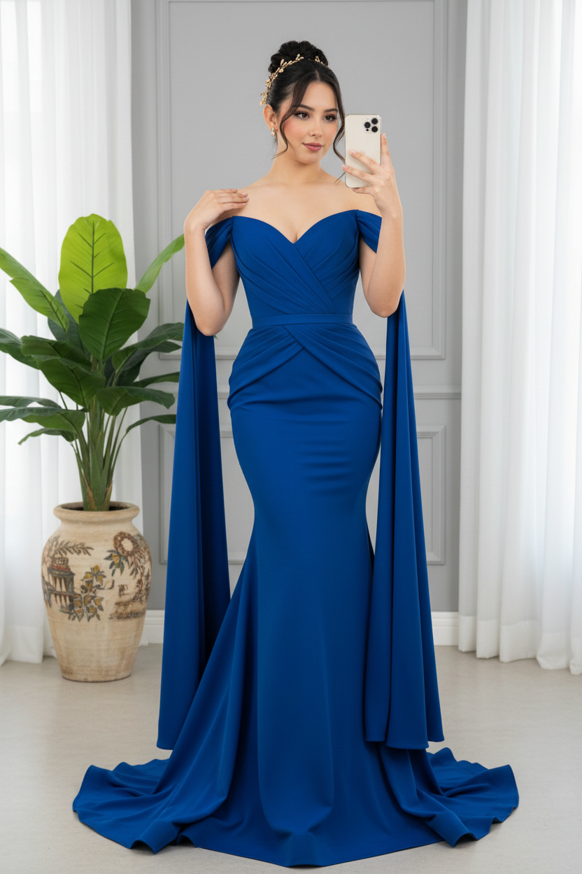 Vestido Azul Royal Off-Shoulder Mangas Capa cod.0012