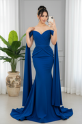 Vestido Azul Royal Off-Shoulder Mangas Capa cod.0012