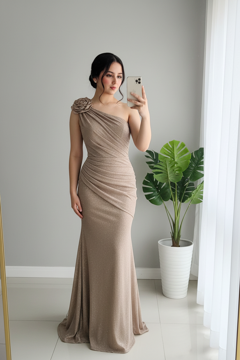Vestido Sirena Taupe Dorado Un Hombro con Rosa Espiral cod.V254