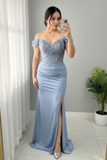 Vestido Azul Acero Off-Shoulder Sirena Encaje Plateado cod.V684