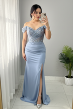 Vestido Azul Acero Off-Shoulder Sirena Encaje Plateado cod.V684