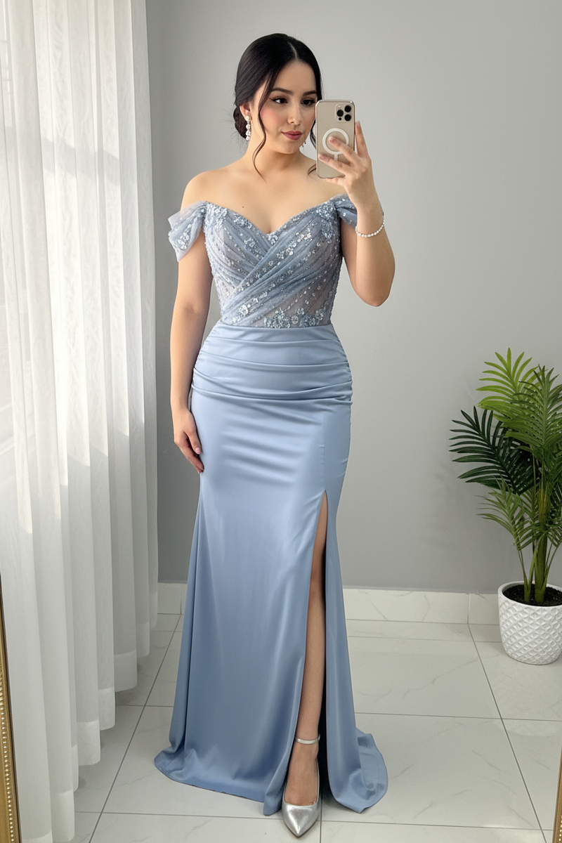 Vestido Azul Acero Off-Shoulder Sirena Encaje Plateado cod.V684