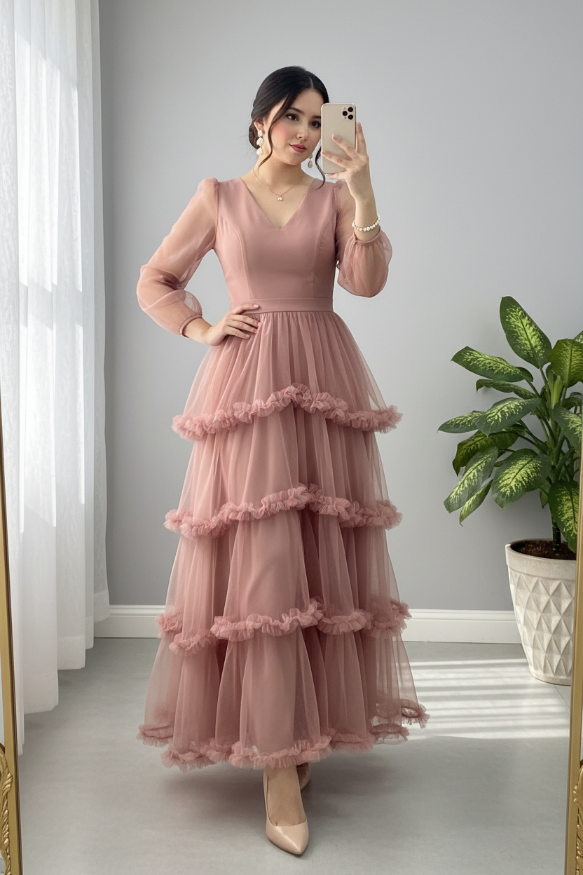 Vestido Rosa Palo Mauve Tul Manga Abullonada Escote V Volantes Cascada cod.827