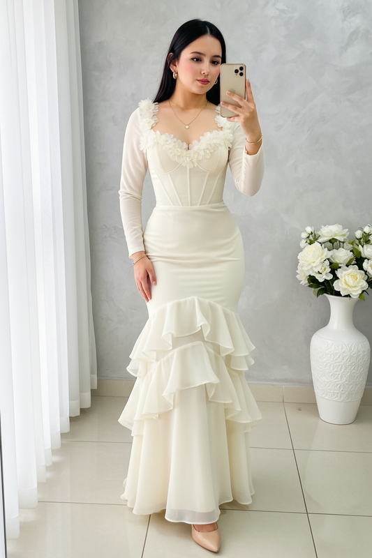 Vestido Blanco Marfil Manga Larga Corset con Volantes en Cascada cod.V537