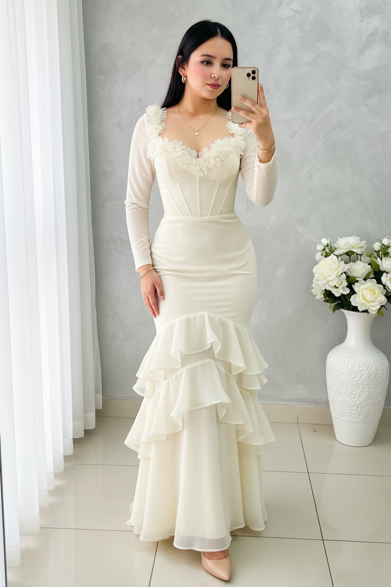 Vestido Blanco Marfil Manga Larga Corset con Volantes en Cascada cod.V537