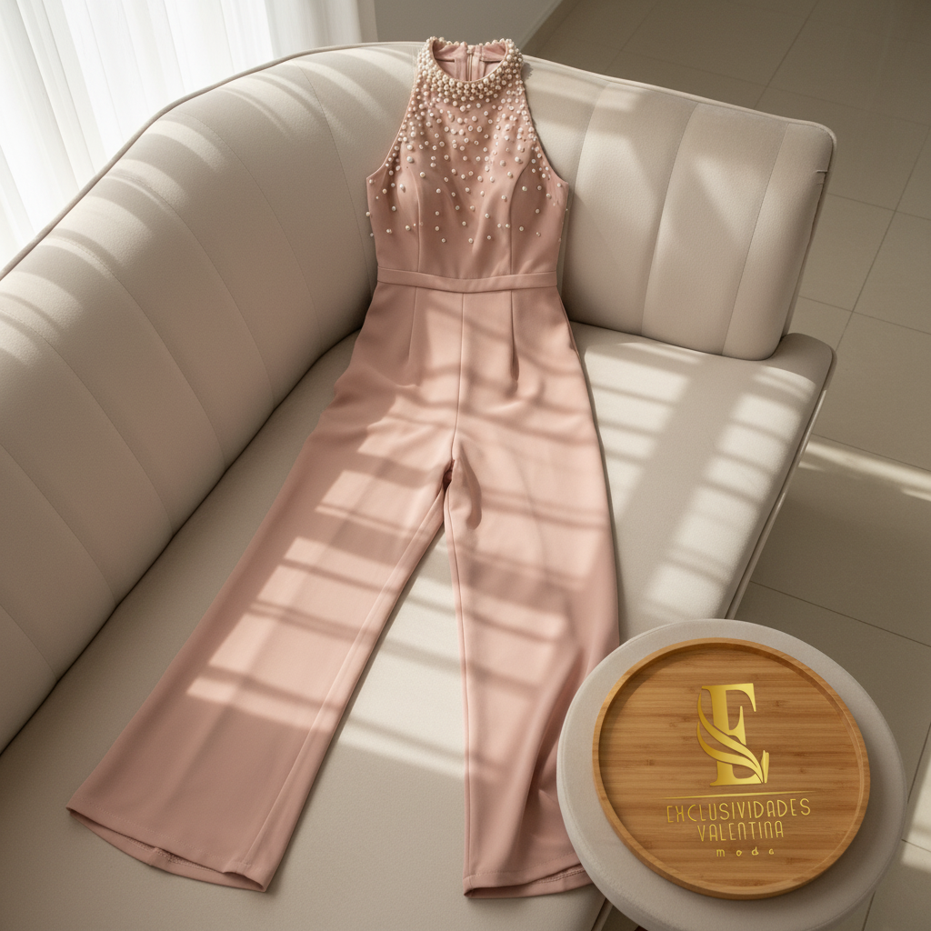 Enterizo Elegante Rosa Palo con Perlas - Cuello Halter y Pantalón Pierna Ancha cod.357