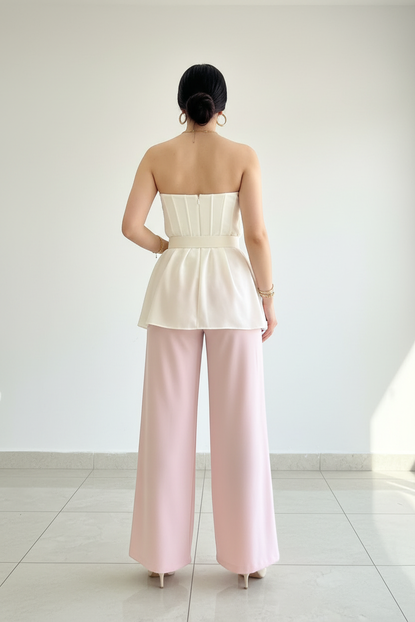 Blusa Peplum Marfil Strapless con Cinturón - Elegante y Sofisticada cod.308