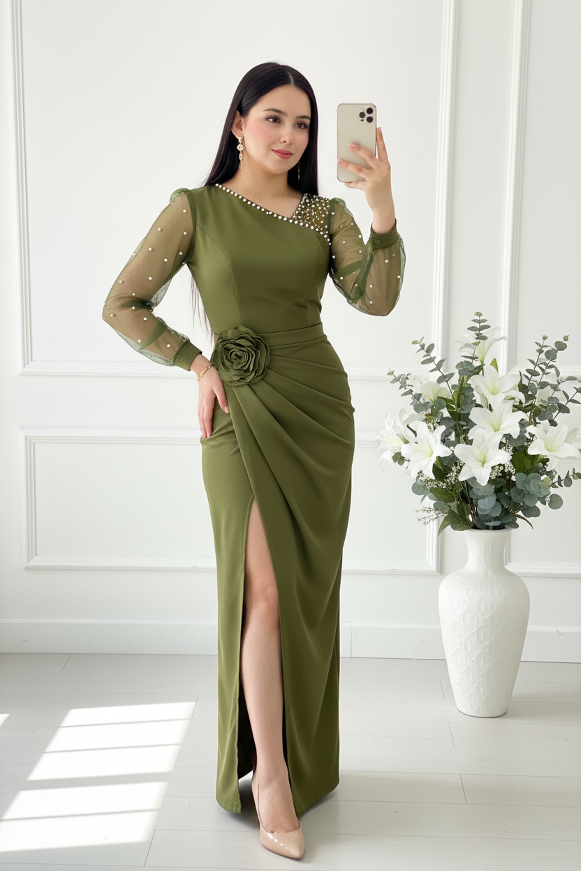 Vestido Largo Verde Oliva con Mangas de Tul con Perlas y Rosa 3D cod.V9499
