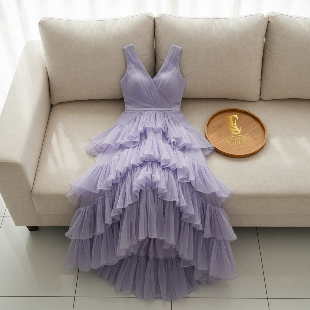 Vestido Lila de Tul con Volantes en Cascada y Escote V cod.401