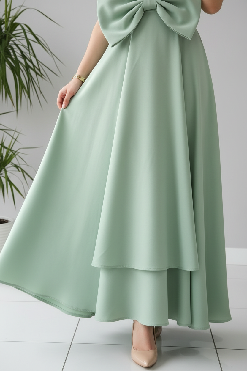 Vestido de Gala Verde Menta Off-Shoulder con Moño Gigante y Falda en Capas - Elegante Largo cod.363