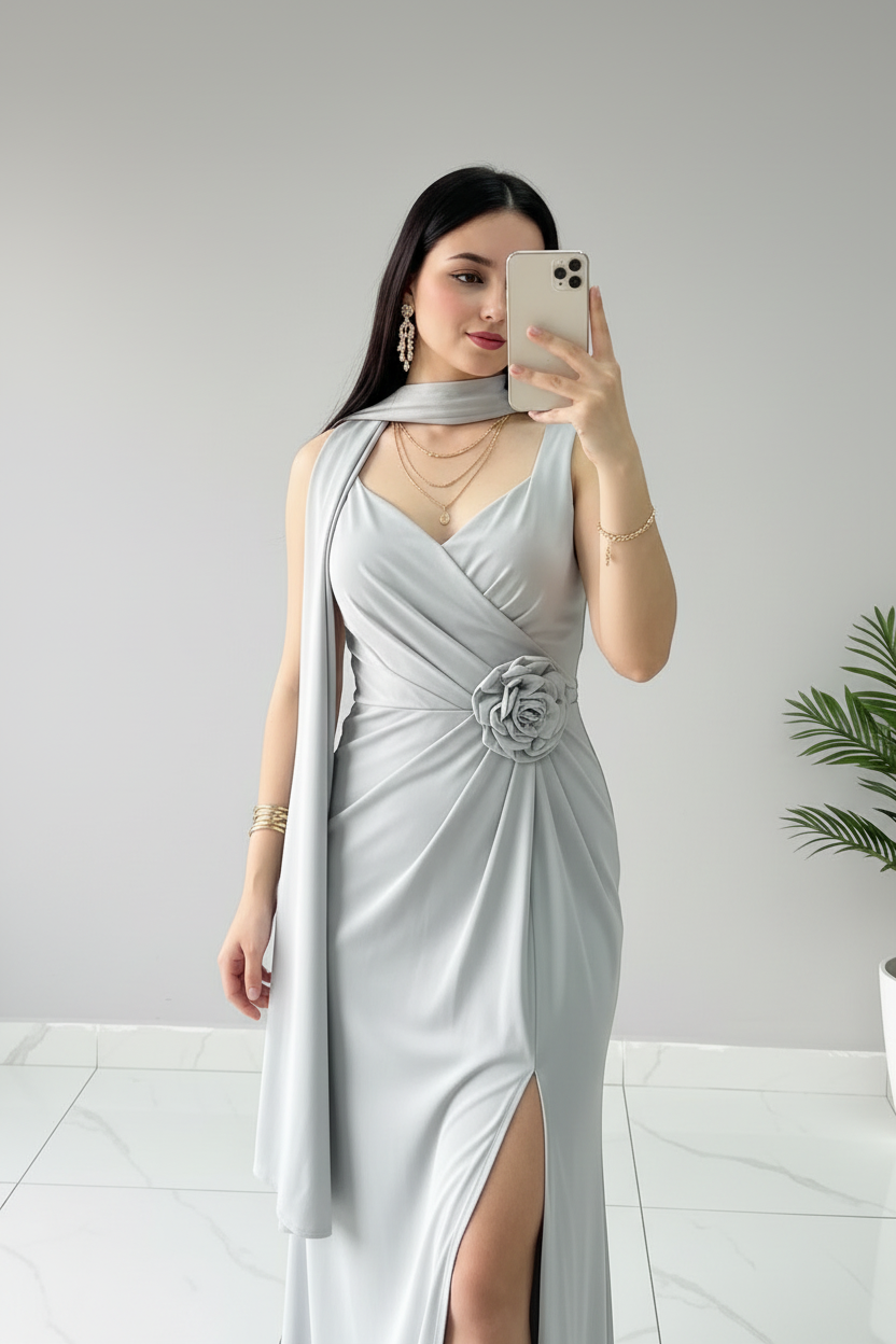 Vestido Largo Gris Plata con Rosa 3D, Chal y Abertura Lateral cod.400