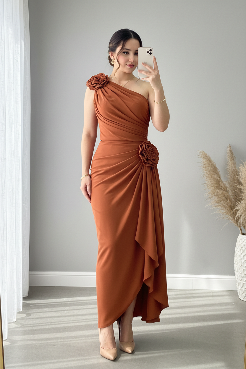 Vestido Un Hombro Terracota — Rosas 3D Hombro & Cadera, Drapeado Asimétrico cod.901