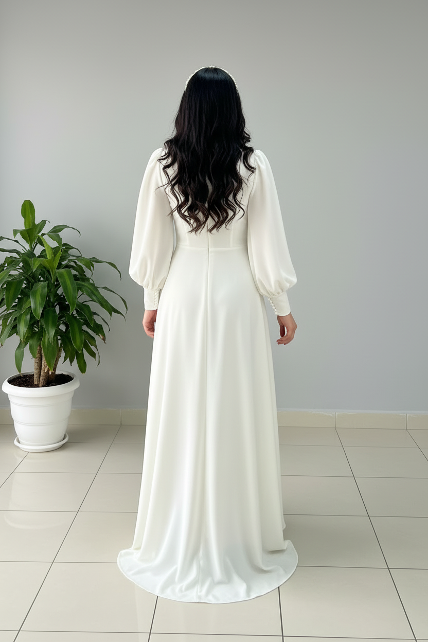 Vestido Blanco Largo Manga Puff con Broche de Perlas y Falda A-Line cod.482