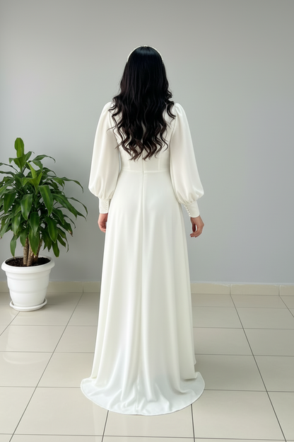 Vestido Blanco Largo Manga Puff con Broche de Perlas y Falda A-Line cod.482