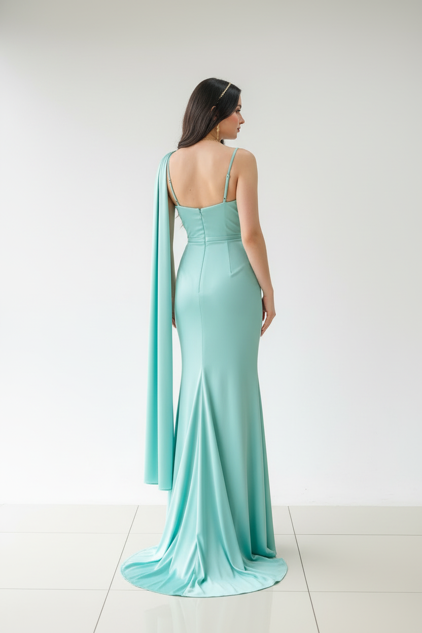 Vestido de Gala Verde Menta con Capa y Drapeado - Elegante Sirena Largo cod.354