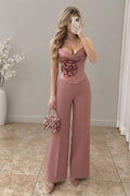 conjunto Rosa Terracota Corset Flor 3D Strapless Pantalón Recto cod.E0008