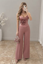 conjunto Rosa Terracota Corset Flor 3D Strapless Pantalón Recto cod.E0008