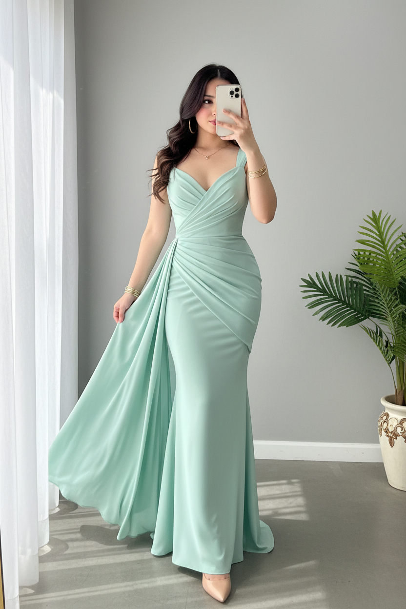 Vestido Aqua Menta Sirena con Train Lateral cod.955