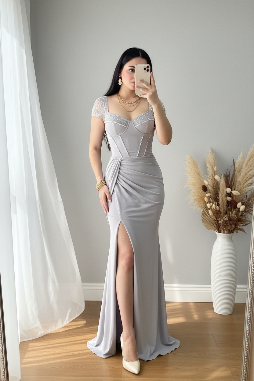Vestido Gris Plateado Perlas cod.V764