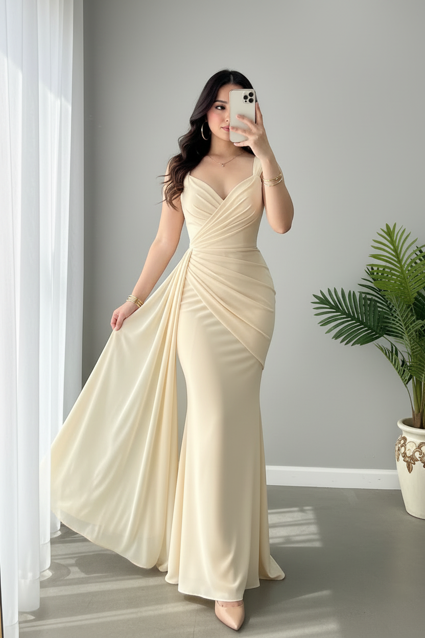 Vestido Champagne Ivory Sirena con Train Lateral cod.956