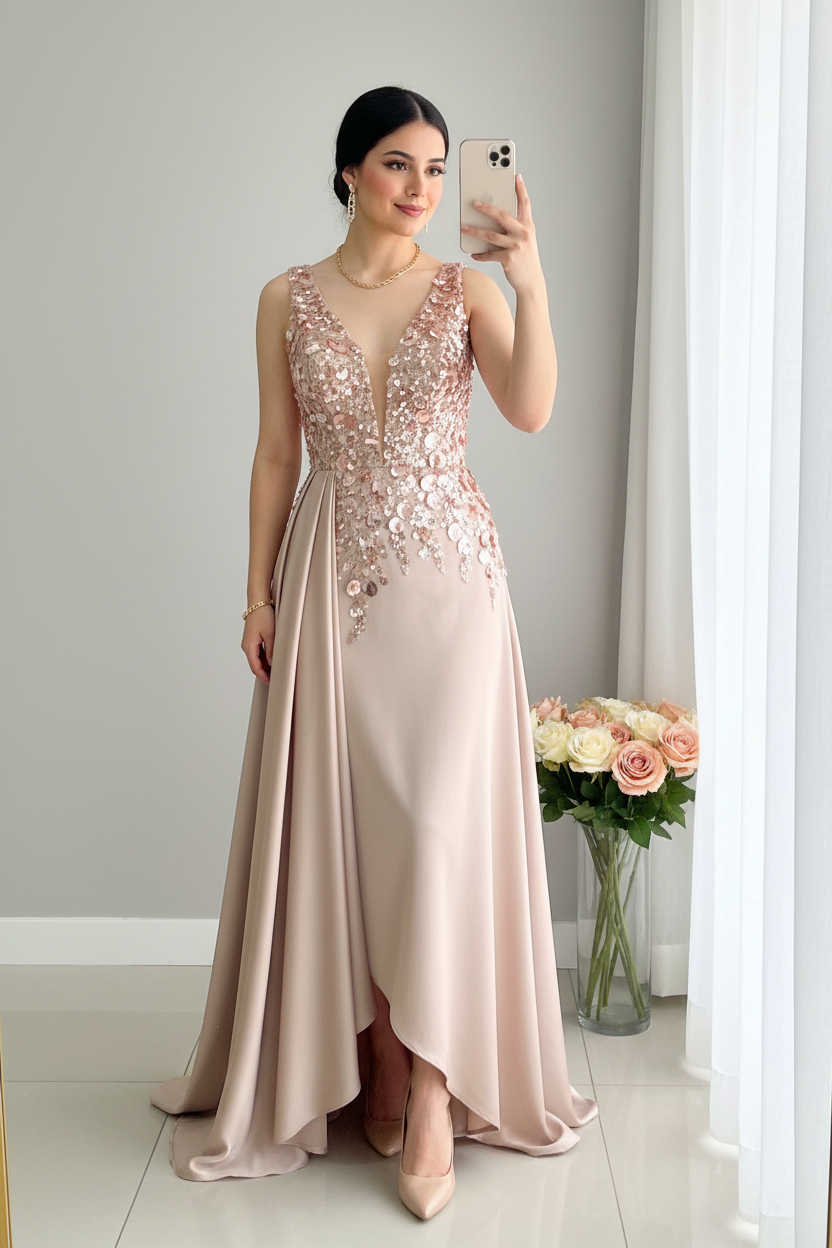 Vestido champagne bordado floral evasé C.1928