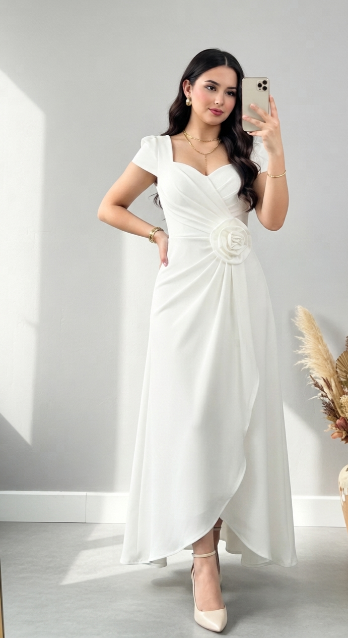 Vestido Blanco Asimétrico con Rosa 3D y Manga Pétalo cod.V811