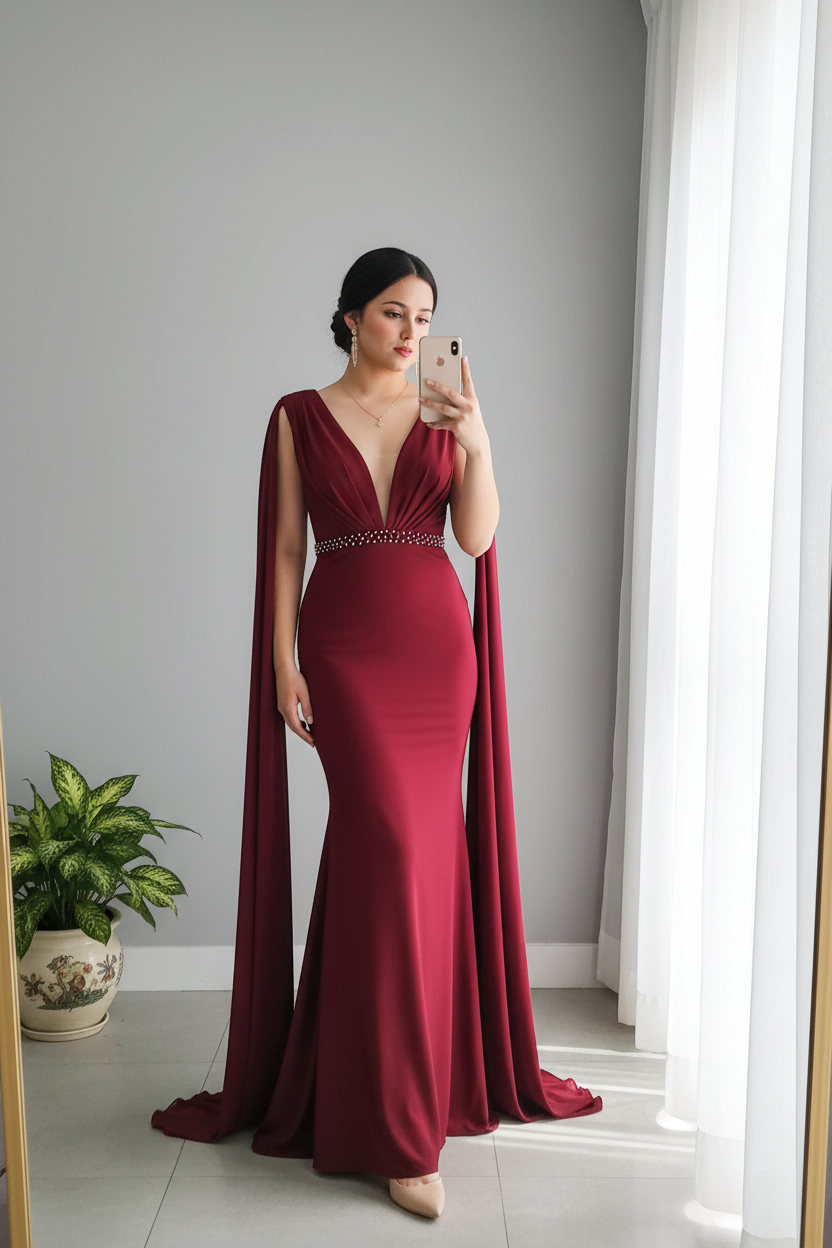 Vestido Vino Escote V Profundo Mangas Capa Cinturón Perlas cod.920