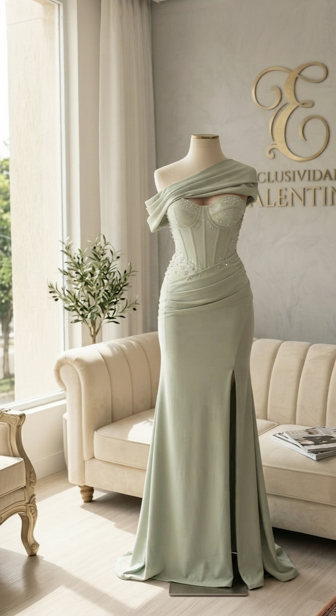 Vestido Verde Menta Sirena con Corset de Perlas y Drapeado Off-Shoulder cod.V824
