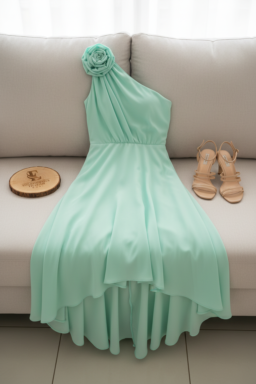 Vestido Verde Menta Un Hombro con Rosa 3D y Falda High-Low Chifón cod.454