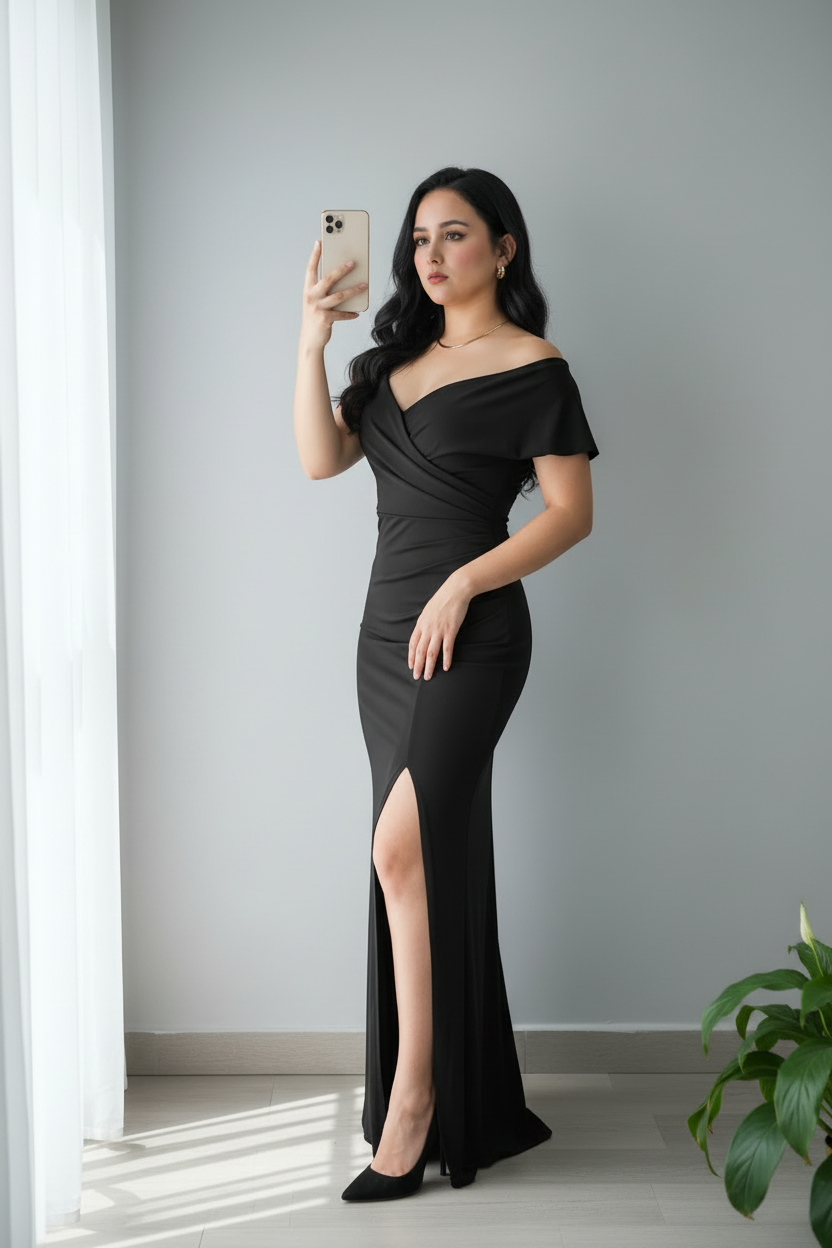 Vestido Negro Off-Shoulder Manga Corta Silueta Ajustada con Abertura cod.737