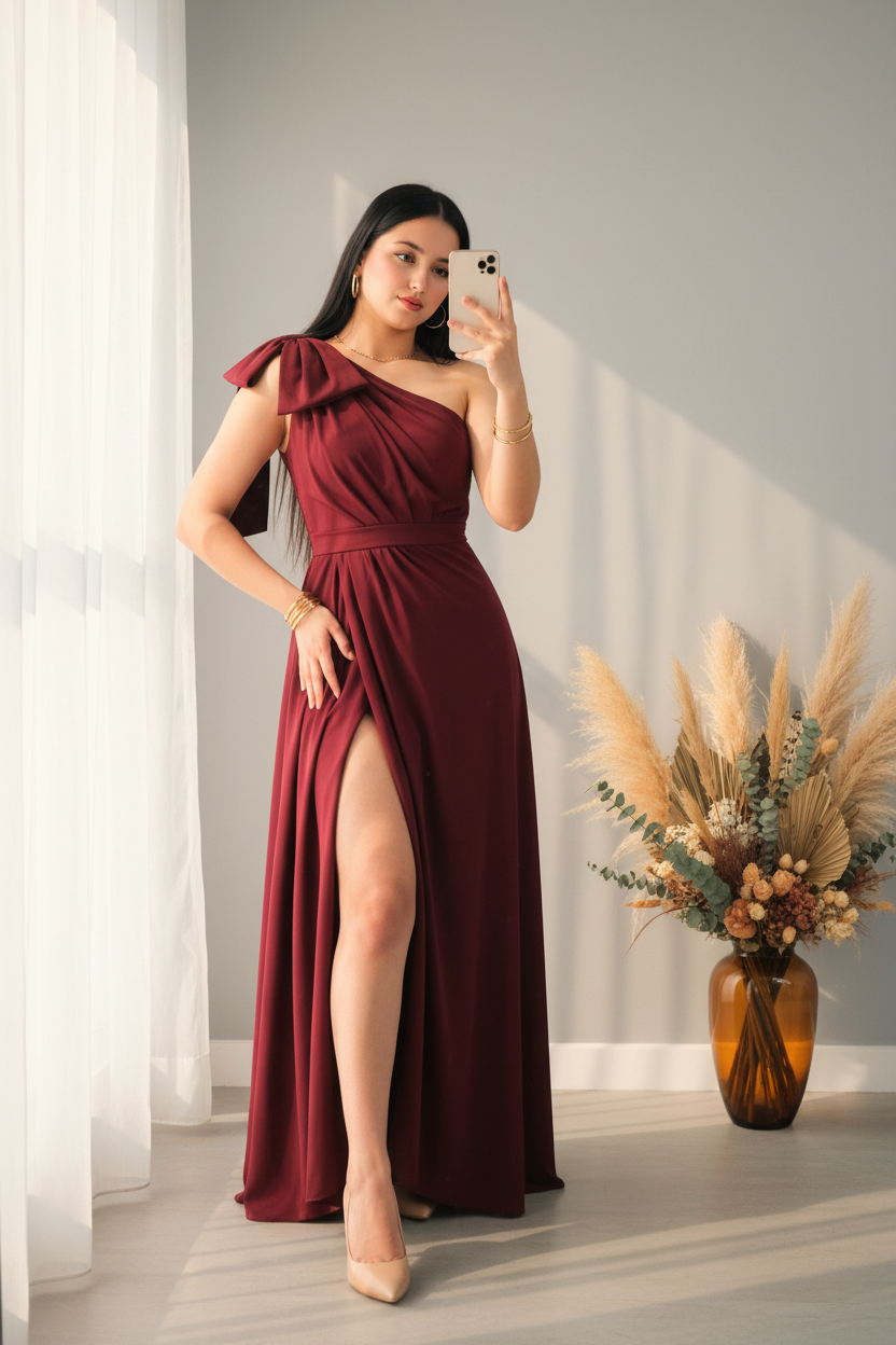 Vestido Vino Hombro Asimétrico cod.00154