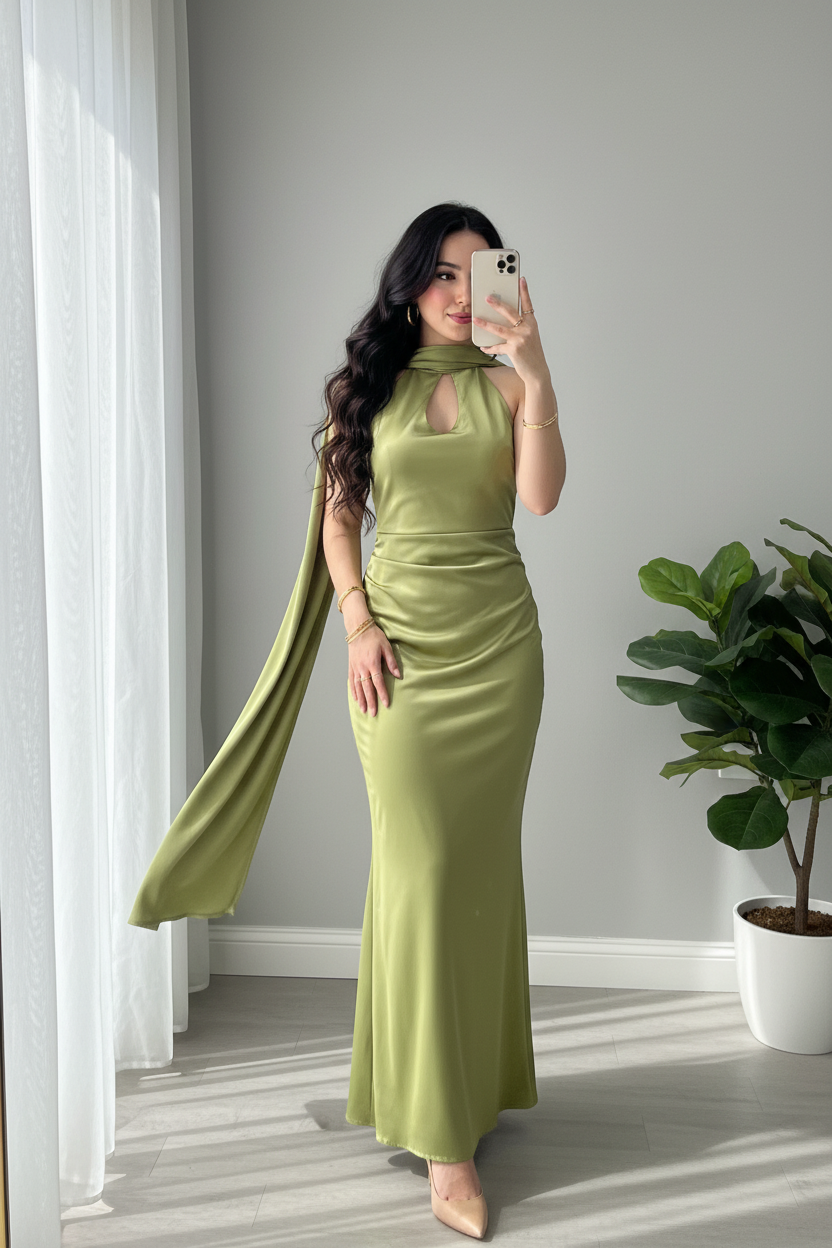 Vestido Verde Oliva Satinado — Halter Cut-Out con Capa Lateral cod.0050