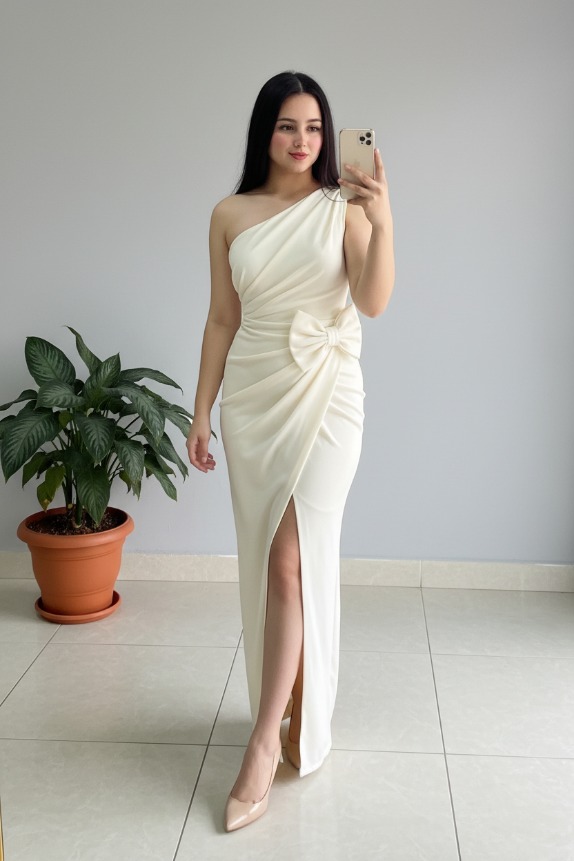 Vestido Formal Blanco Un Hombro con Lazo cod.495
