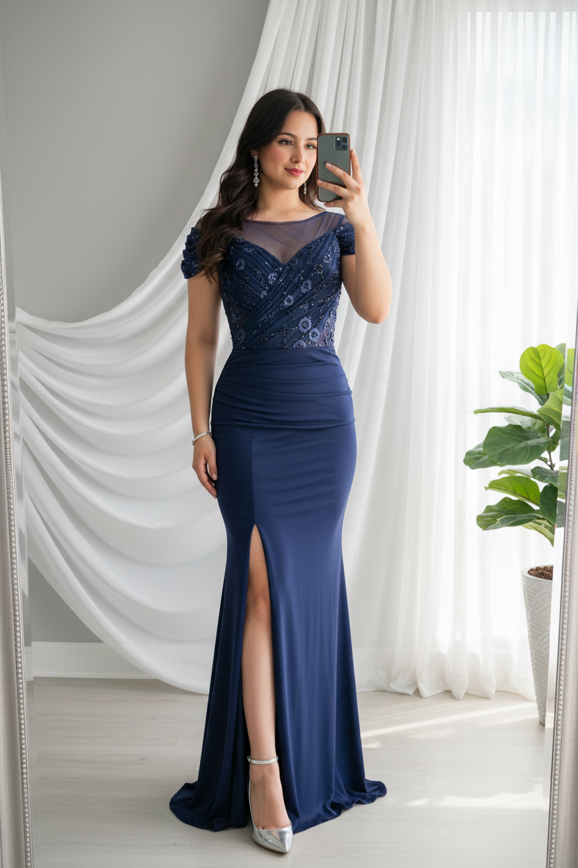 Vestido Azul Marino Sirena Encaje Ilusión con Abertura cod.V605